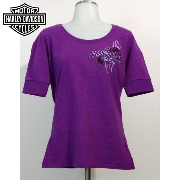 Harley-Davidson Tops - Harley Davidson Gowanda, NY Purple Shirt Rhinestones Roses Cuffed Sleeves Sz L